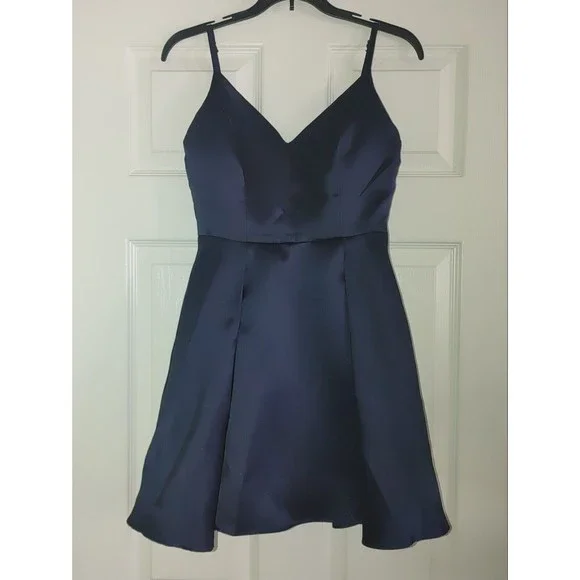 blue satin skater dress Windsor Hattie Floral Satin Skater Dress in Blue | Size: M
